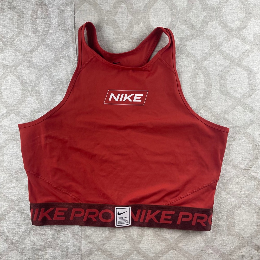 Nike Pro Dri-FIT Women XL Red High Neck Logo Training Tank Top Crop Racerback